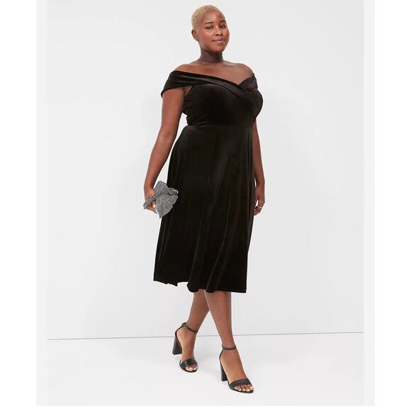 NEW Lane Bryant Midi Swing Dress Velvet Off the Shoulder Black 24 Cocktail Party - Picture 1 of 7